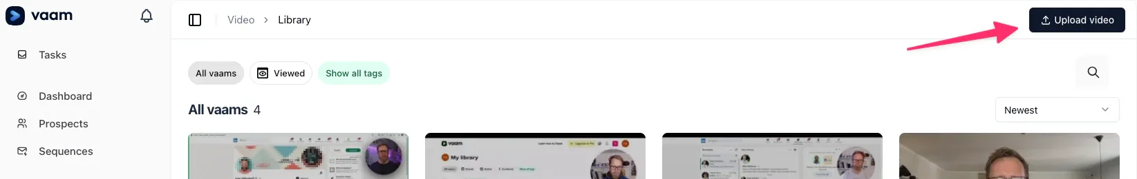 Screenshot showing where to find the Upload video button